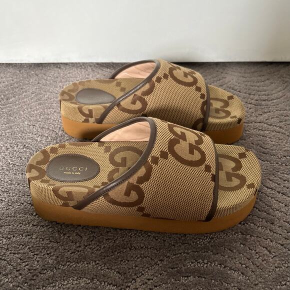 Gucci Supreme Jumbo GG Monogram Platform Slide Sandal Camel Canvas Maxi Size 39 - Picture 6 of 16
